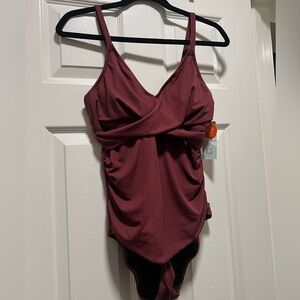 Burgundy Ribbed Maternity Friendly One Piece Swimsuit